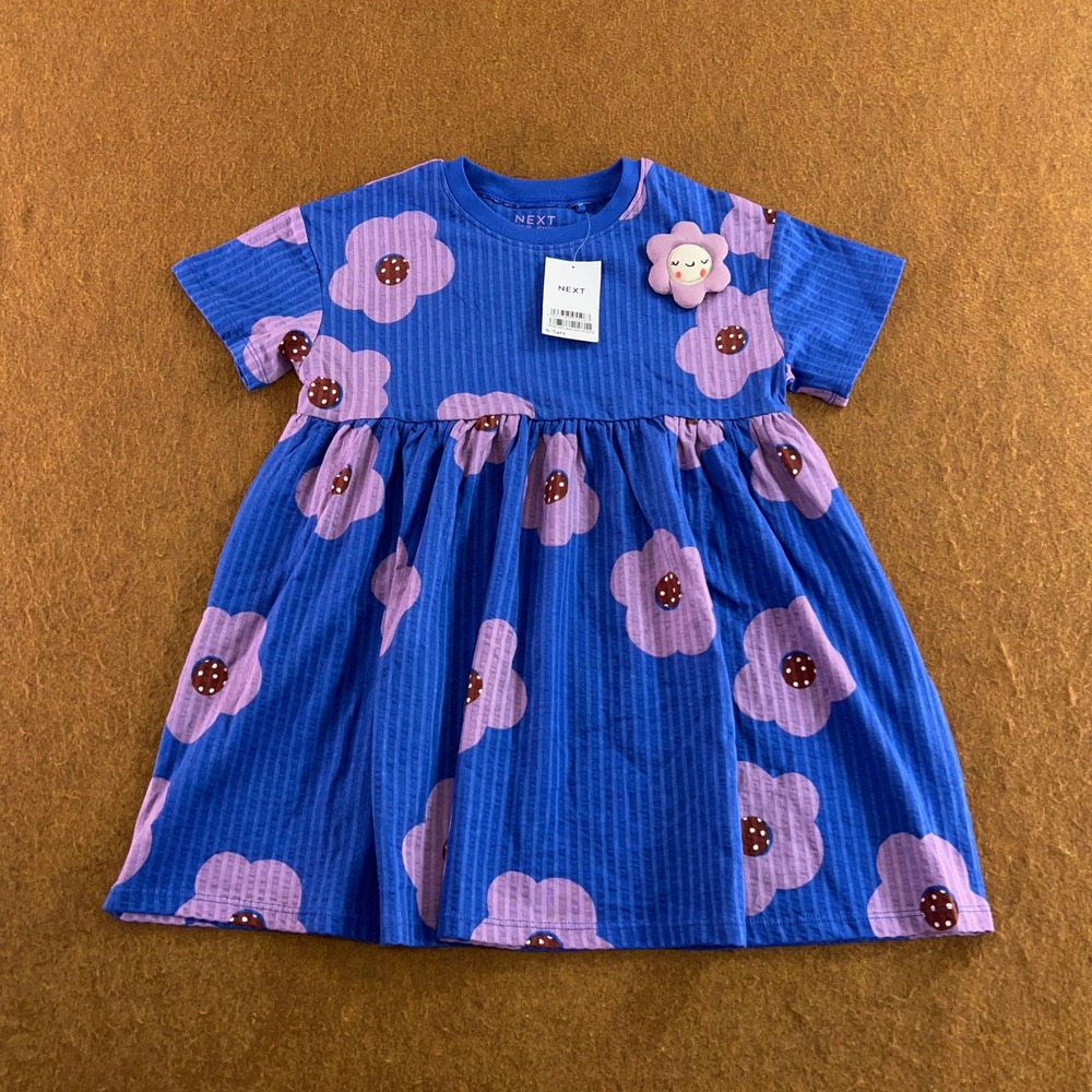 Next Girls 4-5Y Blue Floral Ribbed Cotton Short Sleeve Dress New